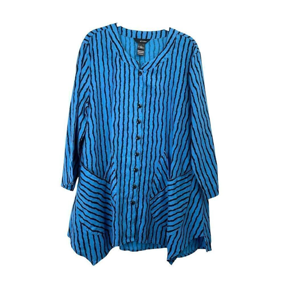 Ali Miles 100% linen striped button up tunic top Size L blue black asymmetric he